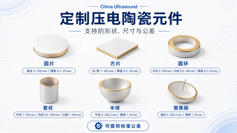 Chinese version of custom piezo ceramic components showing supported shapes, sizes, and tolerances.