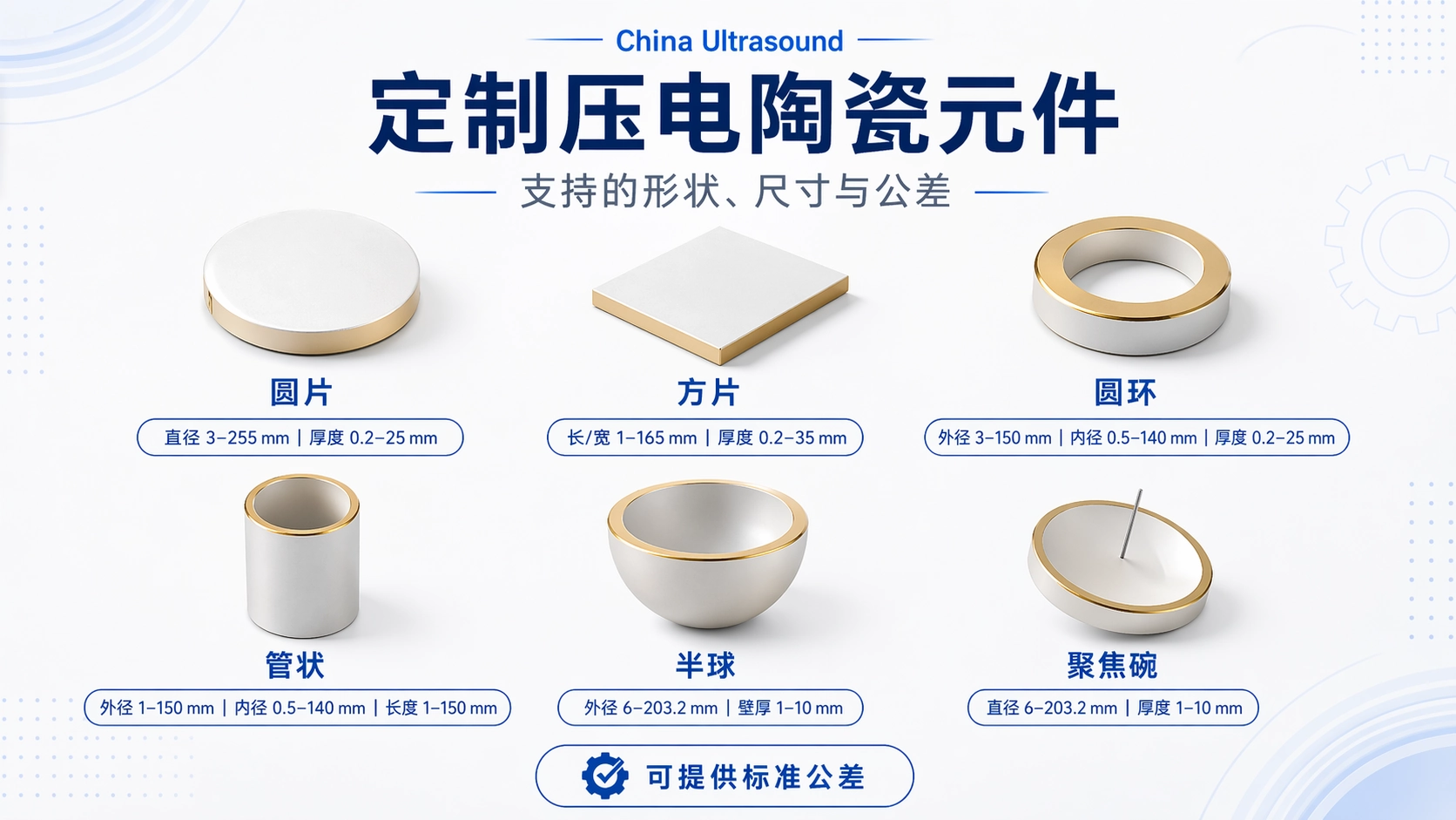 Chinese version of custom piezo ceramic components showing supported shapes, sizes, and tolerances.