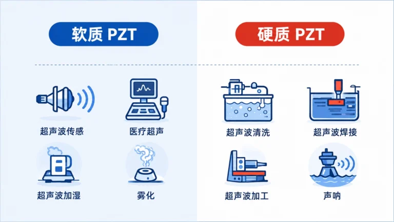 软质PZT和硬质PZT材料选择图，比较压电陶瓷在超声波传感器、医疗超声、雾化器、超声清洗、超声焊接和声呐中的应用
