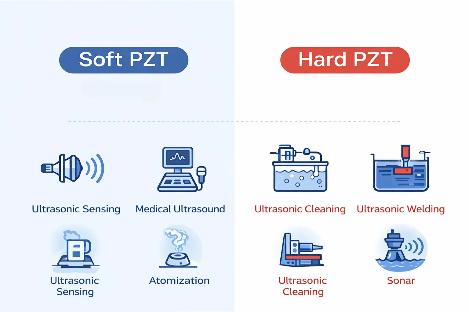 Soft vs hard piezoelectric materials for ultrasonic applications