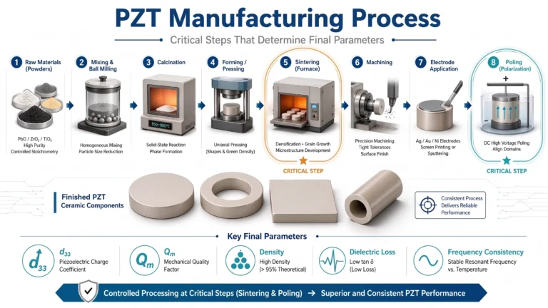 PZT manufacturing process showing critical steps in sintering and poling, with final ceramic performance parameters.