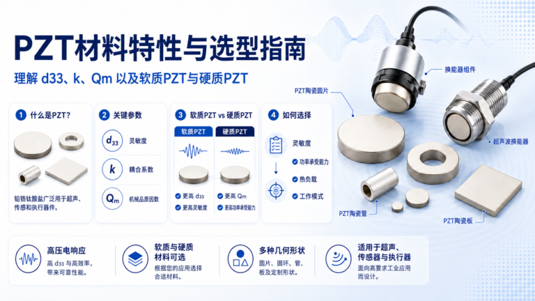 PZT材料主图，介绍压电陶瓷性能、软质PZT与硬质PZT对比，以及d33、k和Qm等关键参数