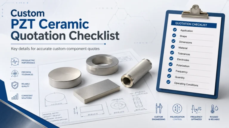 Quotation checklist for custom PZT ceramic components showing material, shape, dimensions, tolerances, electrodes, polarization, frequency, quantity, and application requirements.