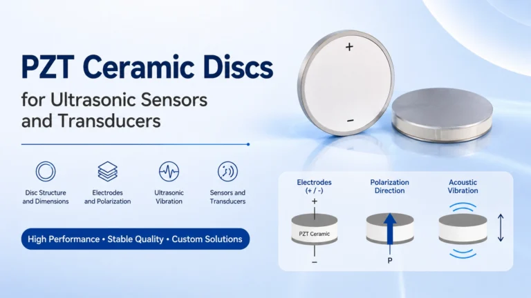 PZT ceramic discs used in ultrasonic sensors and compact transducers, showing disc structure, electrodes, polarization direction, and acoustic vibration.
