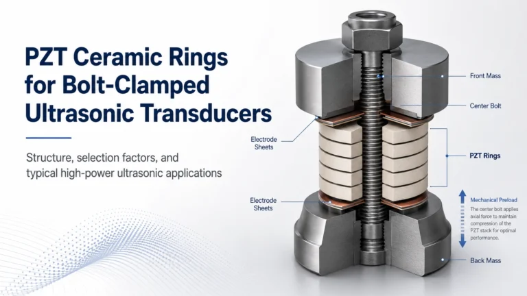 Cutaway illustration of PZT ceramic rings in a bolt-clamped ultrasonic transducer stack.