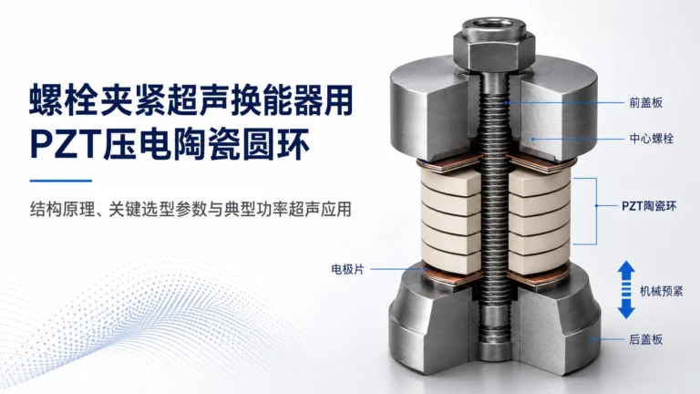 Cutaway illustration of PZT ceramic rings in a bolt-clamped ultrasonic transducer stack.