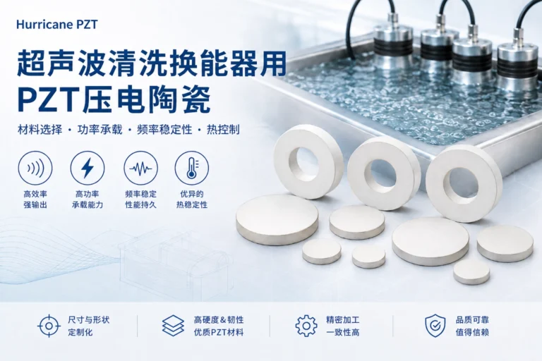 超声波清洗换能器用PZT压电陶瓷环和圆片，展示用于工业超声清洗系统的定制压电陶瓷元件。