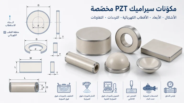 مجموعة مكونات سيراميك كهرضغطية مخصصة تشمل أقراصًا وحلقات وصفائح وأنابيب بأبعاد مختلفة