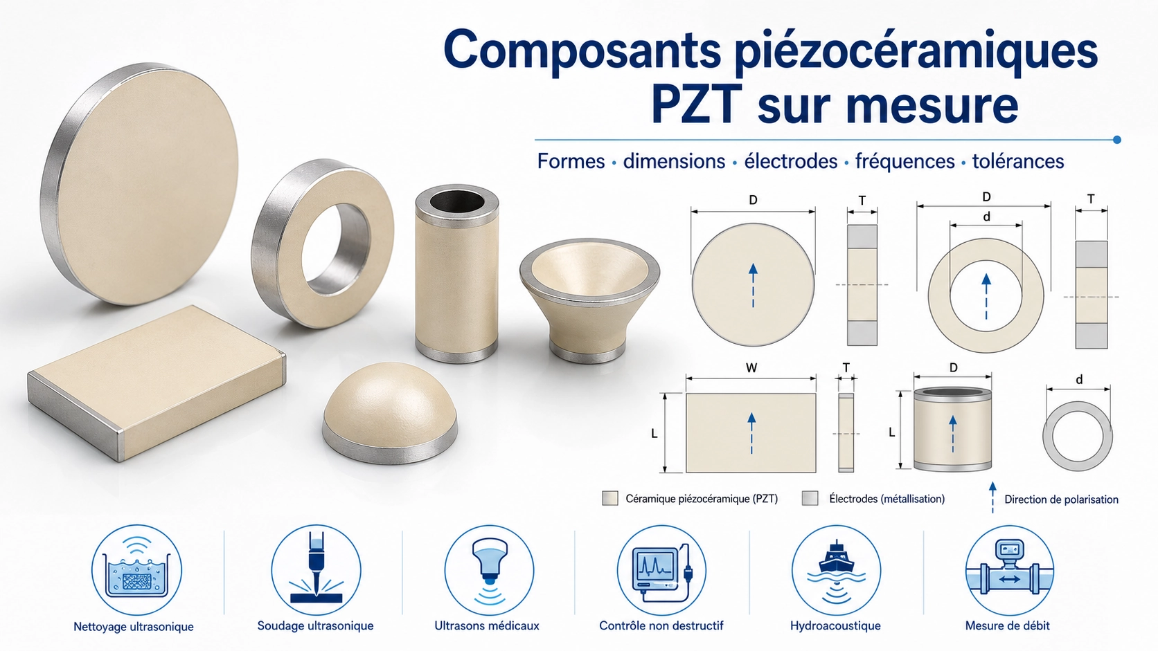 Ensemble de composants piézoélectriques sur mesure avec disques, anneaux, plaques et tubes en céramique PZT