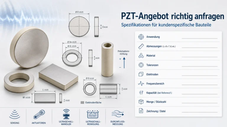 Technische Checkliste für eine Anfrage zu kundenspezifischer PZT-Keramik mit Zeichnung, Maßen und Frequenz