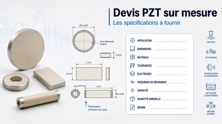 Checklist technique pour une demande de devis de céramique PZT sur mesure avec dessin, dimensions et fréquence