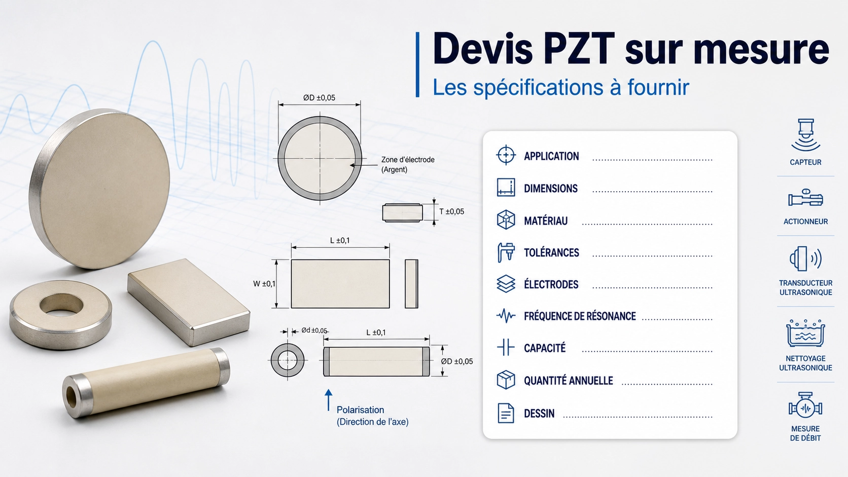 Checklist technique pour une demande de devis de céramique PZT sur mesure avec dessin, dimensions et fréquence