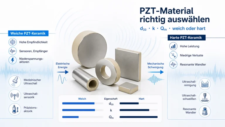 Technische Darstellung von PZT-Keramikteilen mit Scheiben, Ringen, Platten, Rohren sowie den Kennwerten d33, k und Qm
