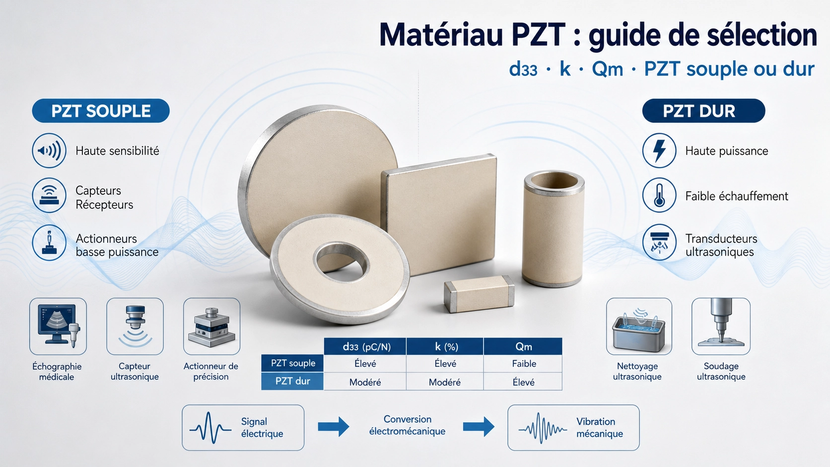 Illustration technique de composants en céramique PZT avec disques, anneaux, plaques, tubes et paramètres d33, k et Qm