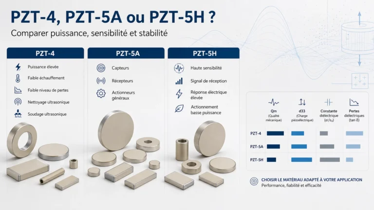 Comparaison technique entre PZT-4, PZT-5A et PZT-5H pour sélectionner une céramique piézoélectrique