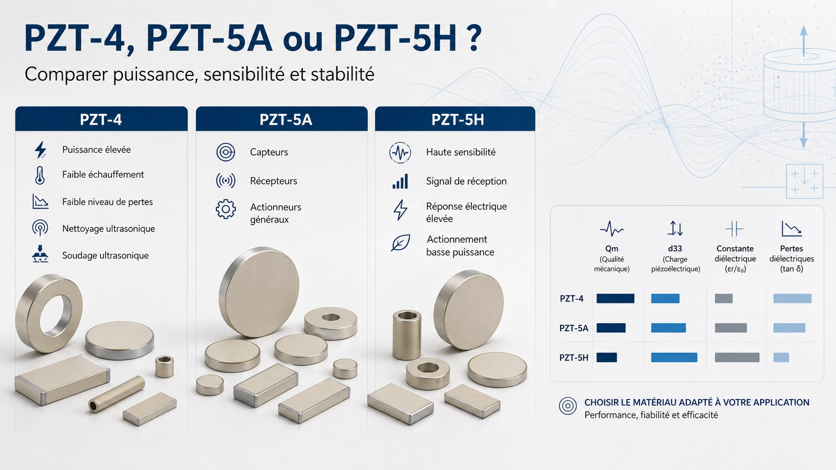 Comparaison technique entre PZT-4, PZT-5A et PZT-5H pour sélectionner une céramique piézoélectrique