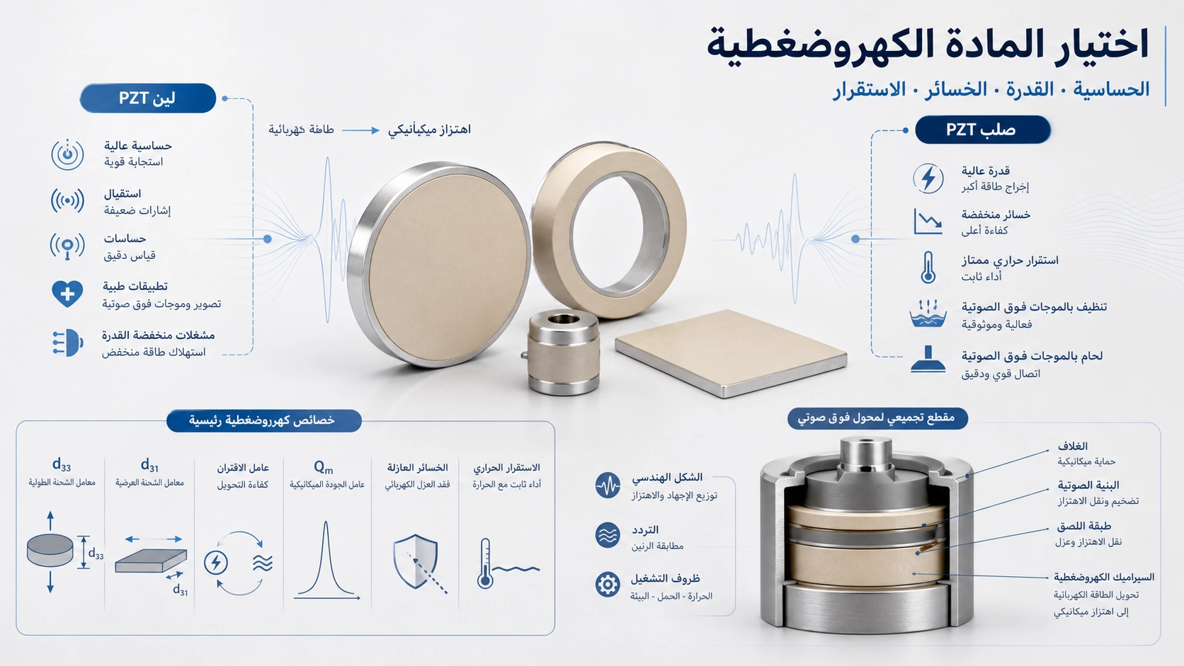مقارنة تقنية بين مواد PZT اللينة والصلبة لتطبيقات الحساسات والموجات فوق الصوتية عالية القدرة