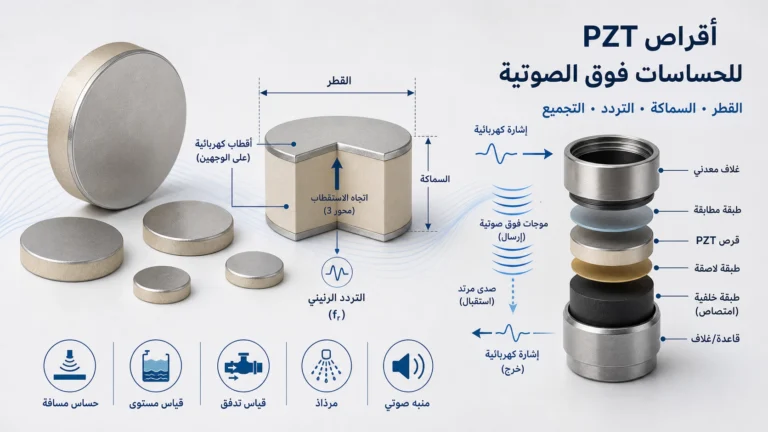 أقراص سيراميك PZT بأقطار وسماكات مختلفة لتطبيقات الحساسات والمحولات