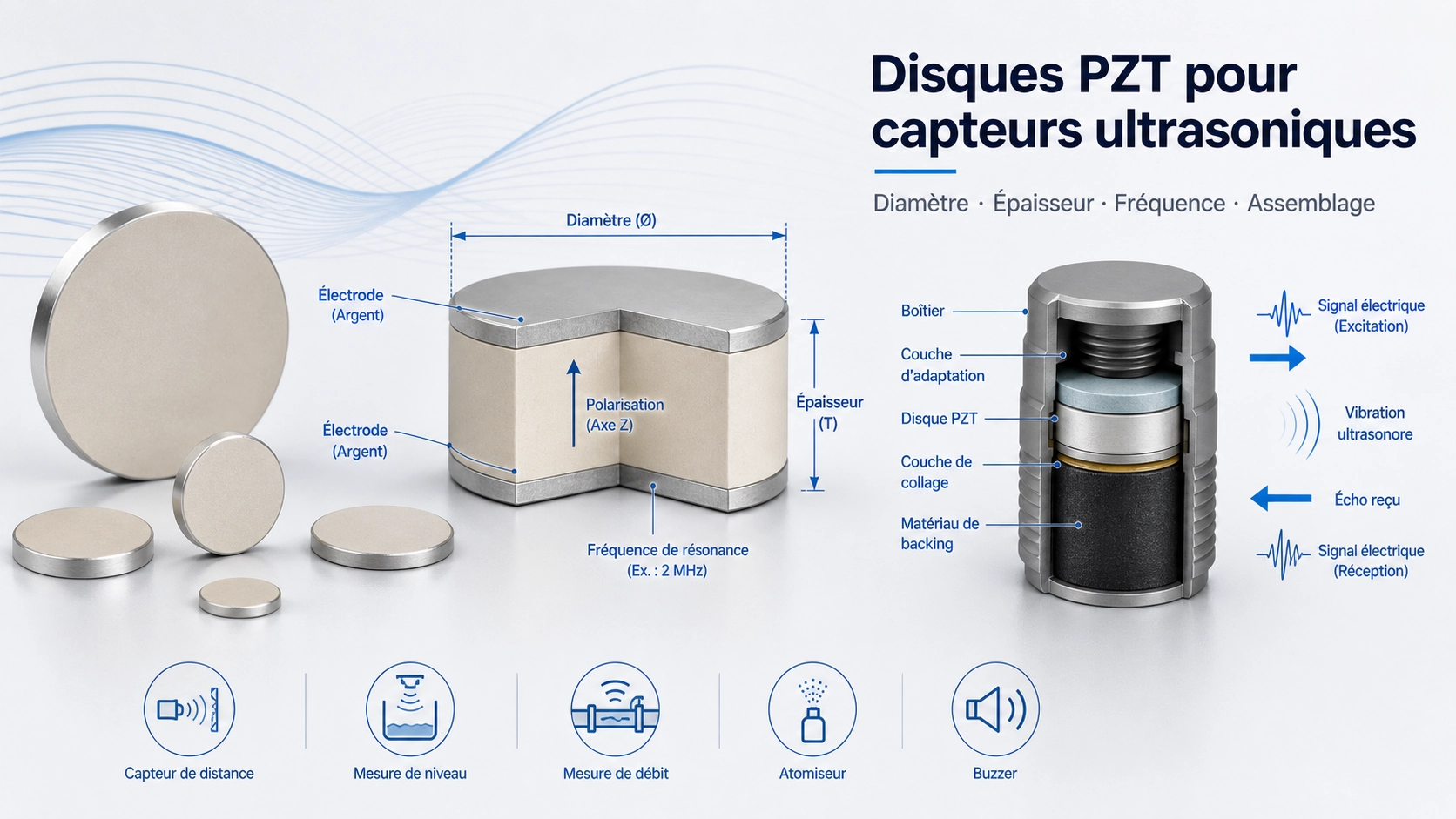 Disques en céramique PZT de différents diamètres et épaisseurs pour capteurs et transducteurs ultrasoniques