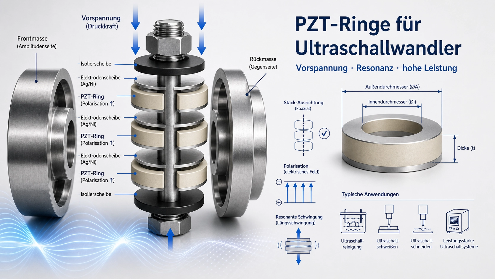 PZT-Keramikringe in einem bolzengeklemmt aufgebauten Ultraschallwandler