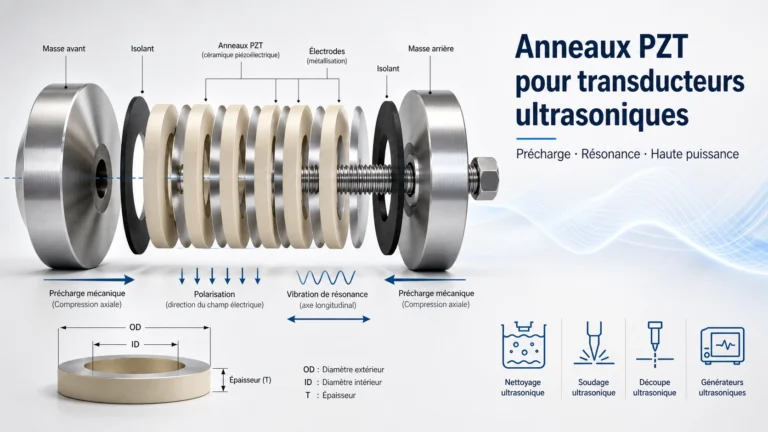 Anneaux en céramique PZT empilés dans un transducteur ultrasonique boulonné