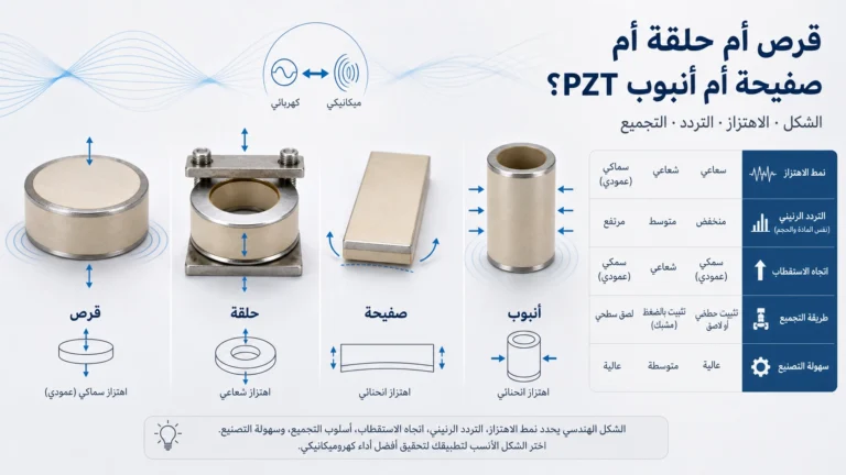 رسم يقارن أشكال PZT المختلفة: قرص، حلقة، صفيحة وأنبوب مع اتجاهات الاهتزاز والتركيب