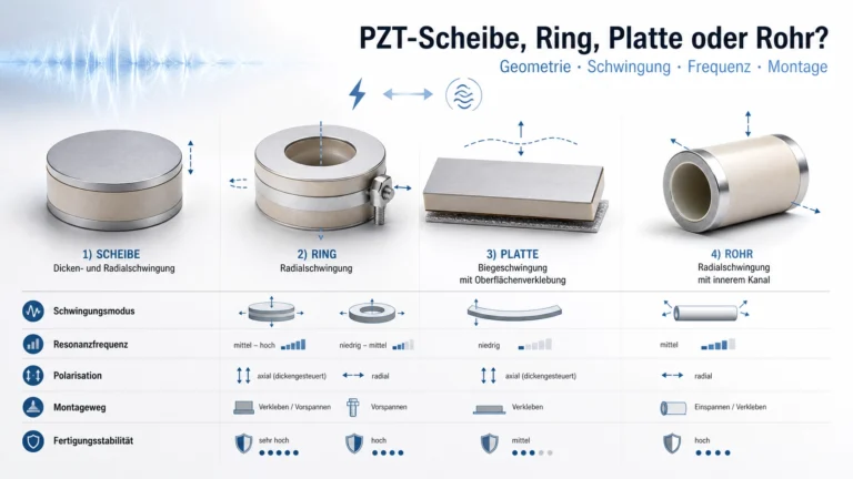 Vergleich von PZT-Scheiben, Ringen, Platten und Rohren mit Schwingungsrichtung und Montageprinzip