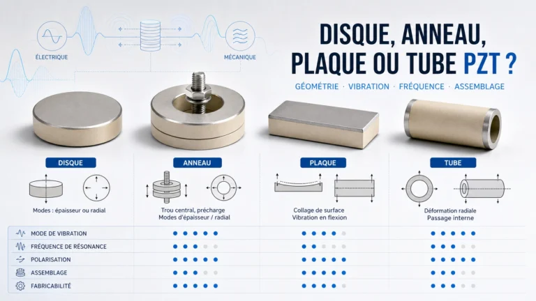 Comparaison technique de disques, anneaux, plaques et tubes PZT avec modes de vibration et montage