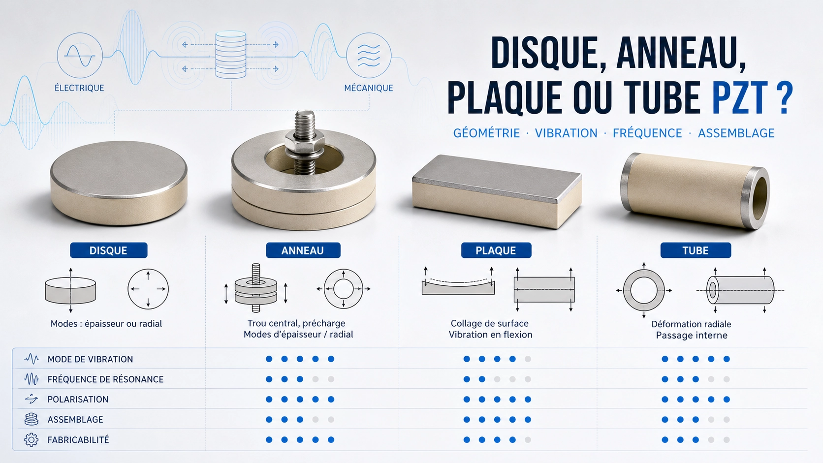 Comparaison technique de disques, anneaux, plaques et tubes PZT avec modes de vibration et montage