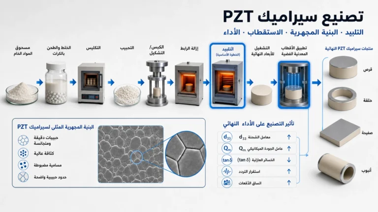 مخطط يوضح مراحل تصنيع PZT من المسحوق إلى التلبيد والتشغيل والأقطاب والاستقطاب