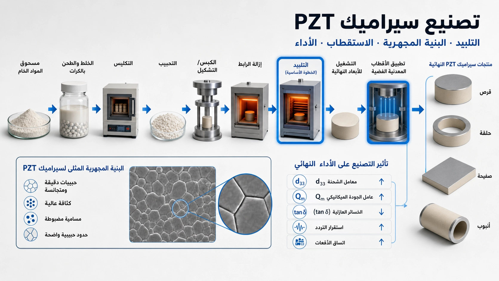 مخطط يوضح مراحل تصنيع PZT من المسحوق إلى التلبيد والتشغيل والأقطاب والاستقطاب