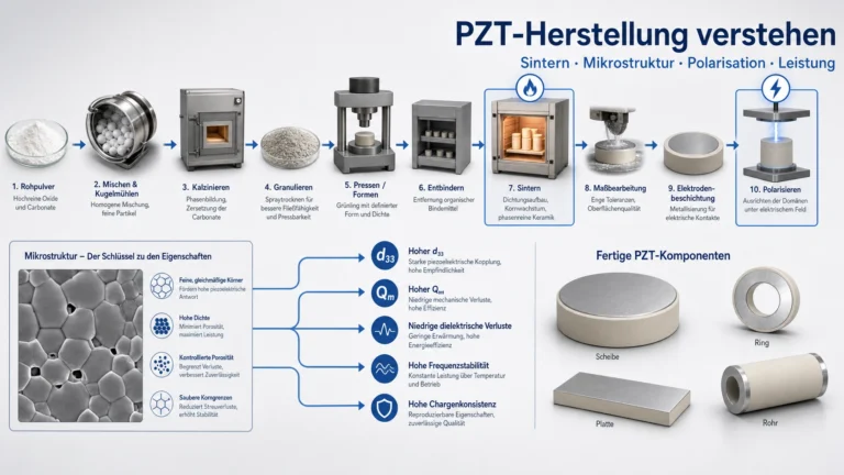 Technische Prozessgrafik zur PZT-Herstellung von Pulveraufbereitung über Sintern bis Polung