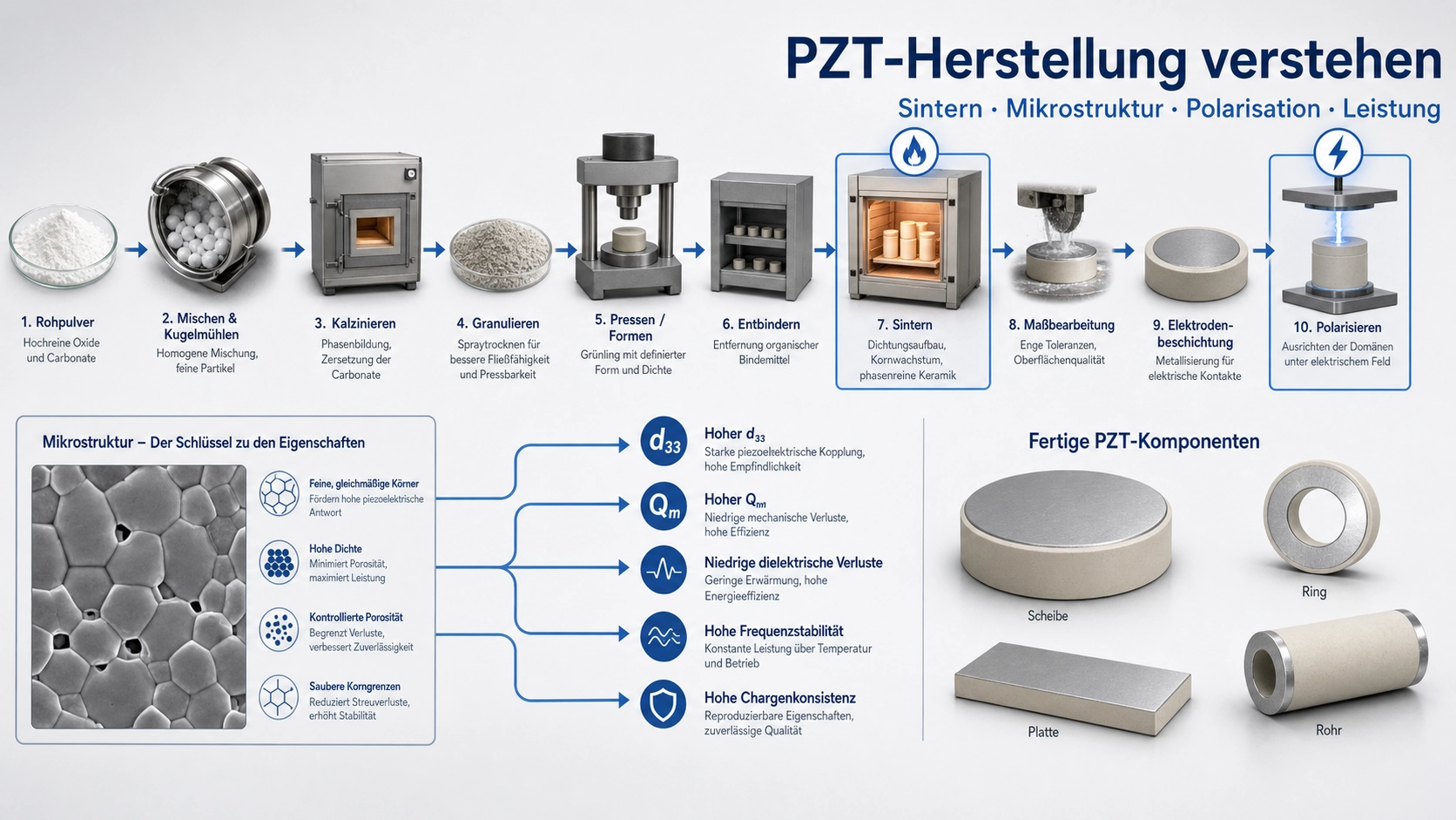 Technische Prozessgrafik zur PZT-Herstellung von Pulveraufbereitung über Sintern bis Polung