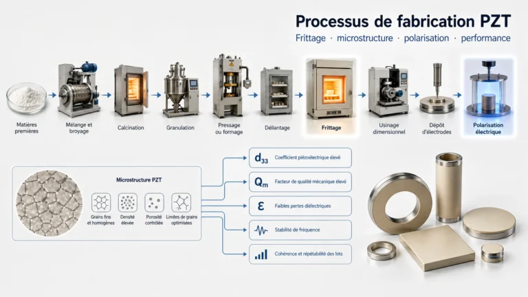 Schéma technique du procédé de fabrication du PZT, de la poudre au frittage, aux électrodes et à la polarisation