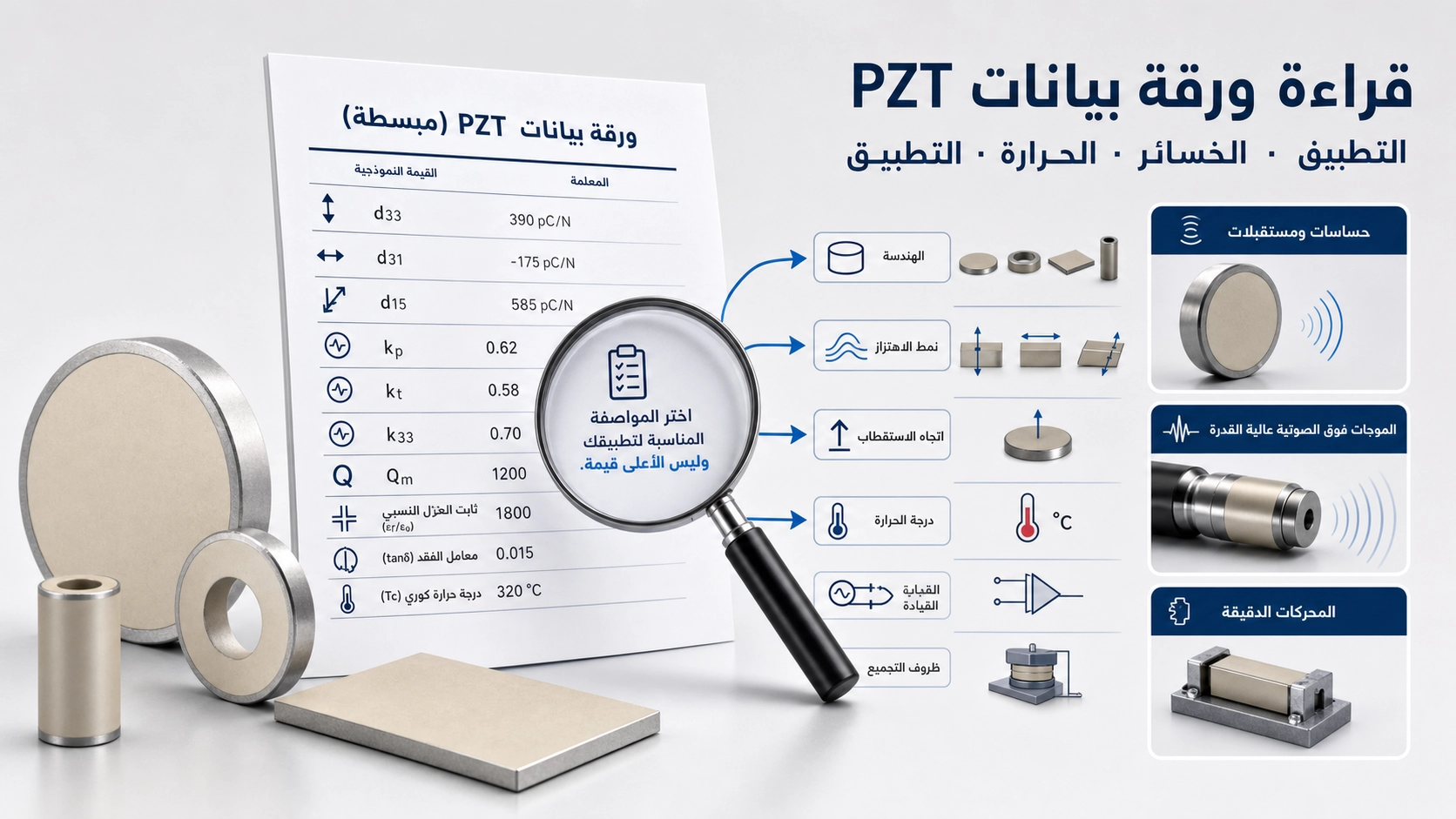 ورقة بيانات فنية لمادة PZT مع إبراز d33 وQm ومعامل الاقتران والفقد العازل
