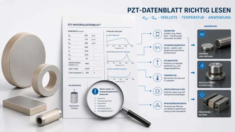 Technisches PZT-Datenblatt mit markierten Kennwerten d33, Qm, Kopplungsfaktor und dielektrische Verluste