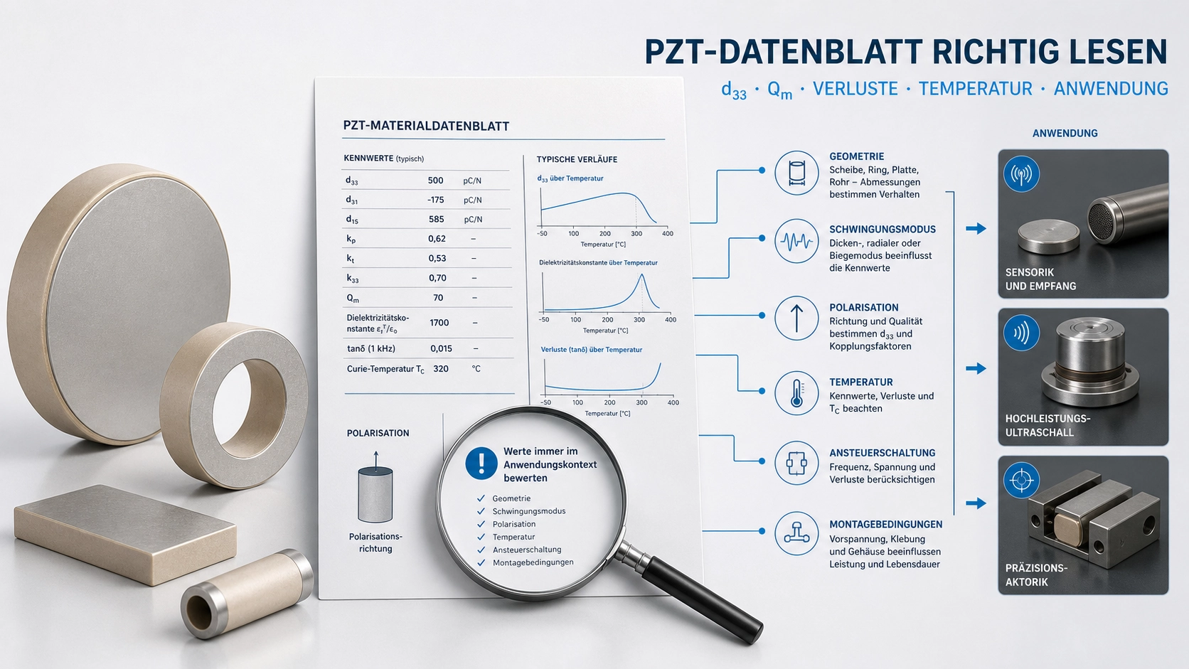 Technisches PZT-Datenblatt mit markierten Kennwerten d33, Qm, Kopplungsfaktor und dielektrische Verluste