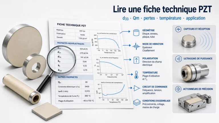Fiche technique PZT avec d33, Qm, facteur de couplage et pertes diélectriques mis en évidence