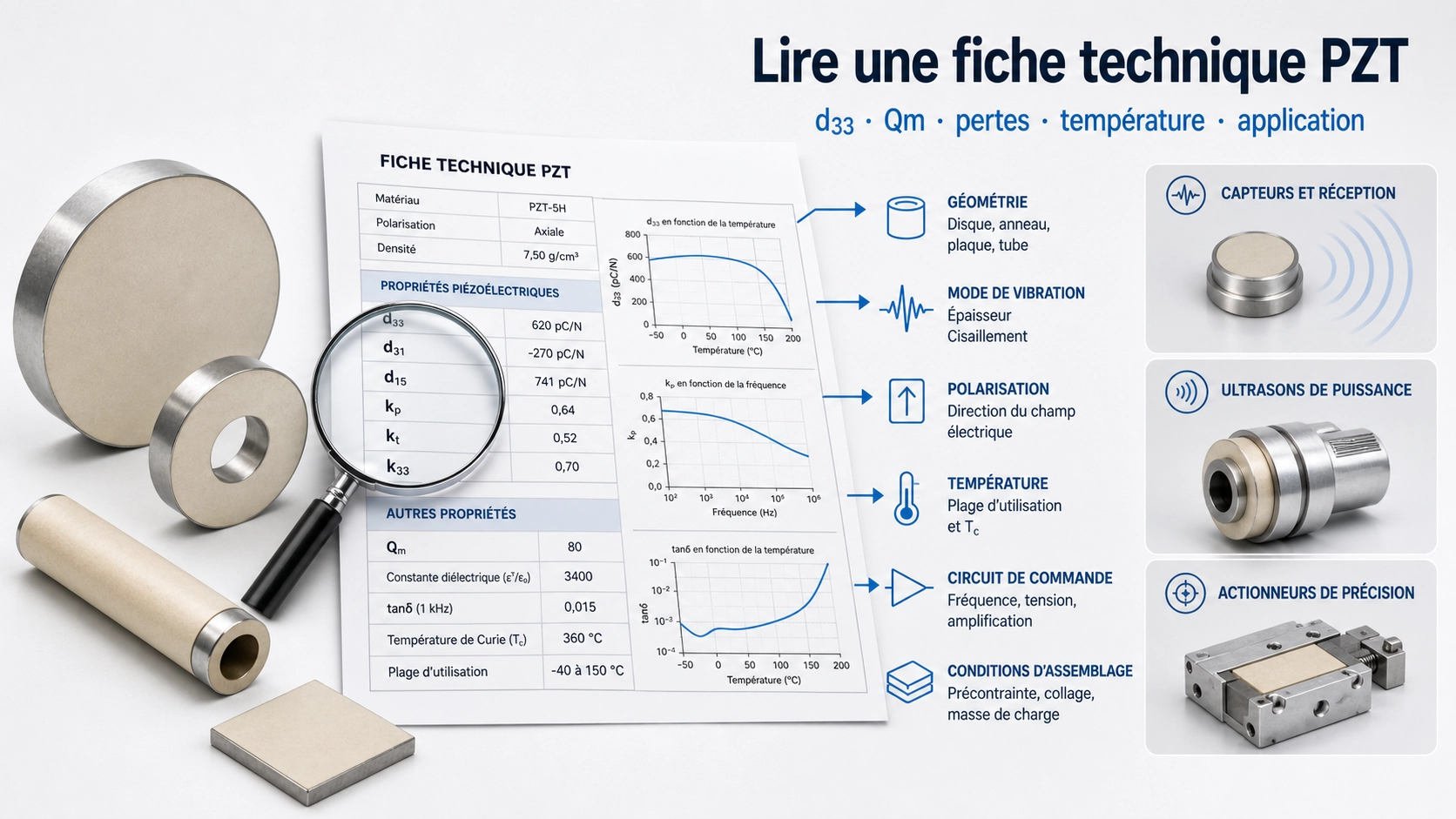 Fiche technique PZT avec d33, Qm, facteur de couplage et pertes diélectriques mis en évidence
