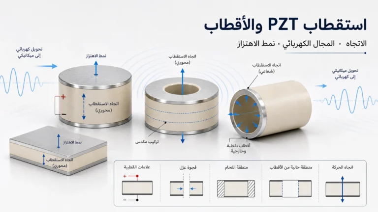 رسم يوضح اتجاه استقطاب PZT وتخطيط الأقطاب وتأثيرهما في أنماط الاهتزاز