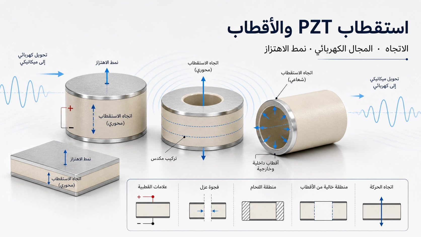 رسم يوضح اتجاه استقطاب PZT وتخطيط الأقطاب وتأثيرهما في أنماط الاهتزاز