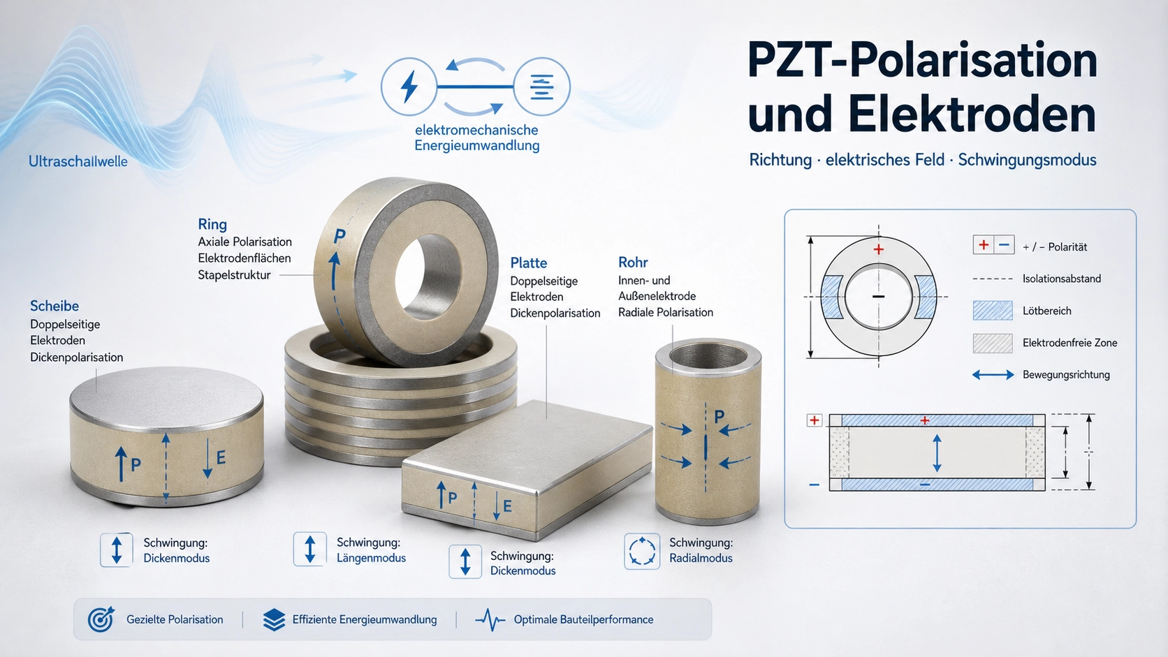 Technische Darstellung der PZT-Polarisationsrichtung, Elektrodenflächen und resultierenden Schwingungsmodi