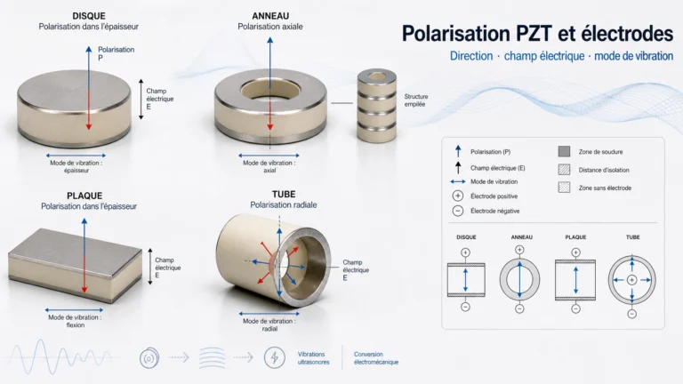 Schéma montrant la direction de polarisation PZT, les électrodes et les modes de vibration associés