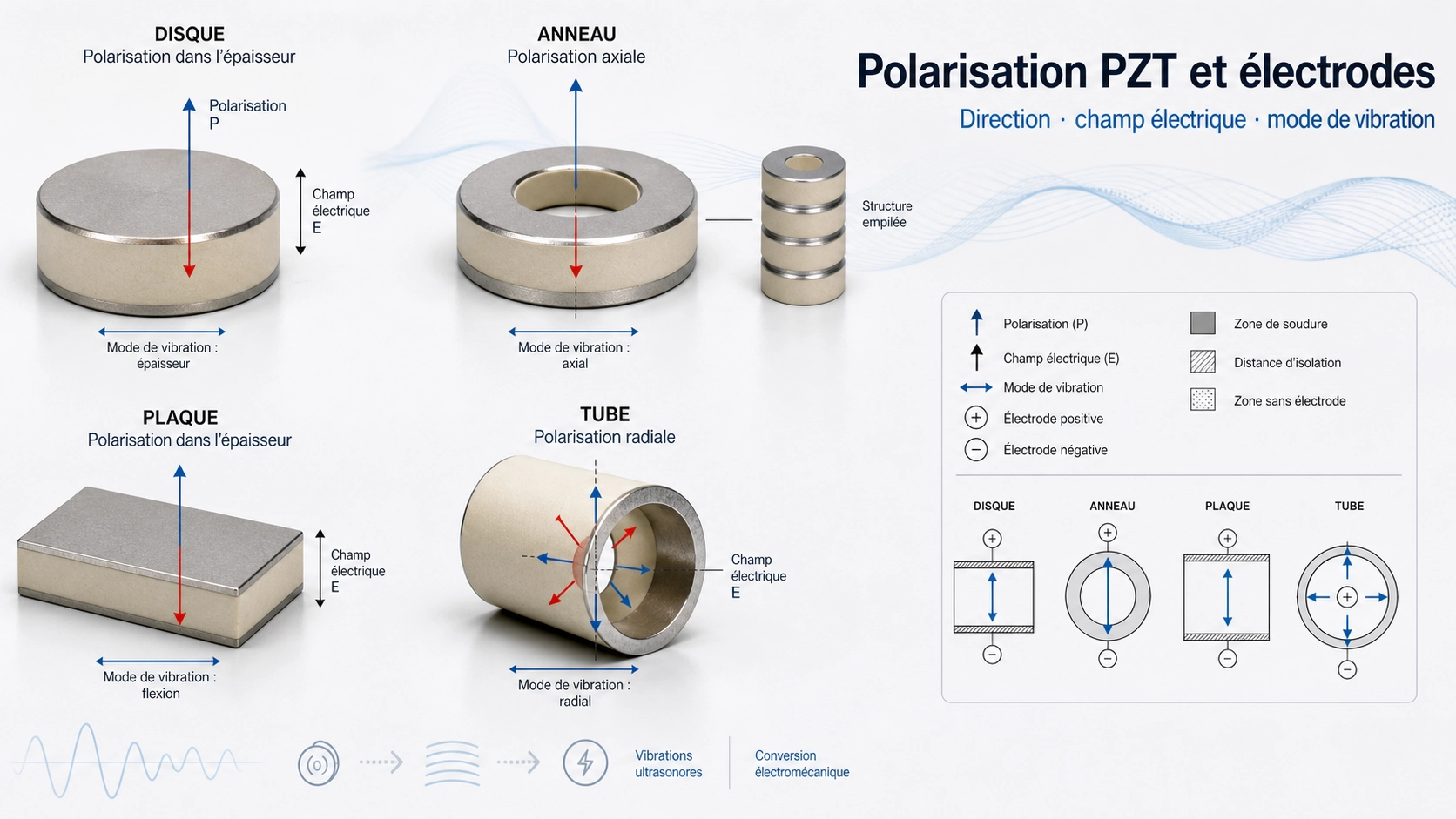 Schéma montrant la direction de polarisation PZT, les électrodes et les modes de vibration associés